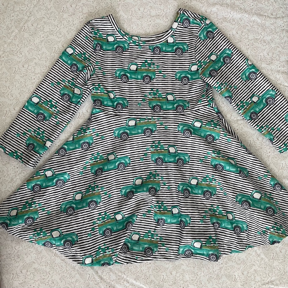 Girls Striped Dress with Green Truck Pattern Size XS St Patrick’s Day Festive